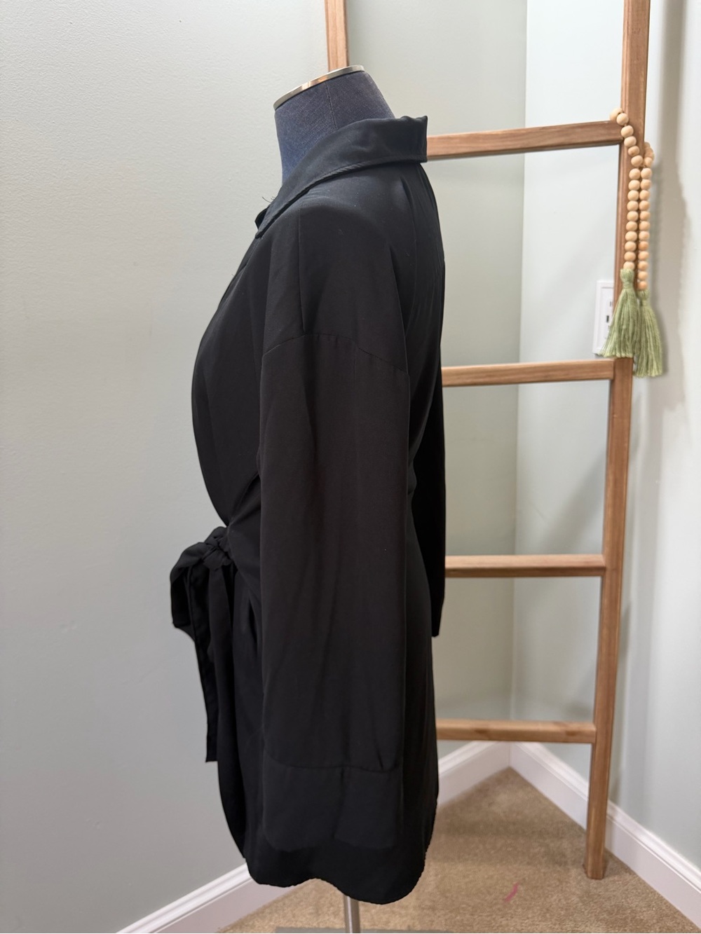 Zara Black Long Sleeve Tie Waist Collared Button Down Shirt Dress Size Medium - Picture 3 of 6